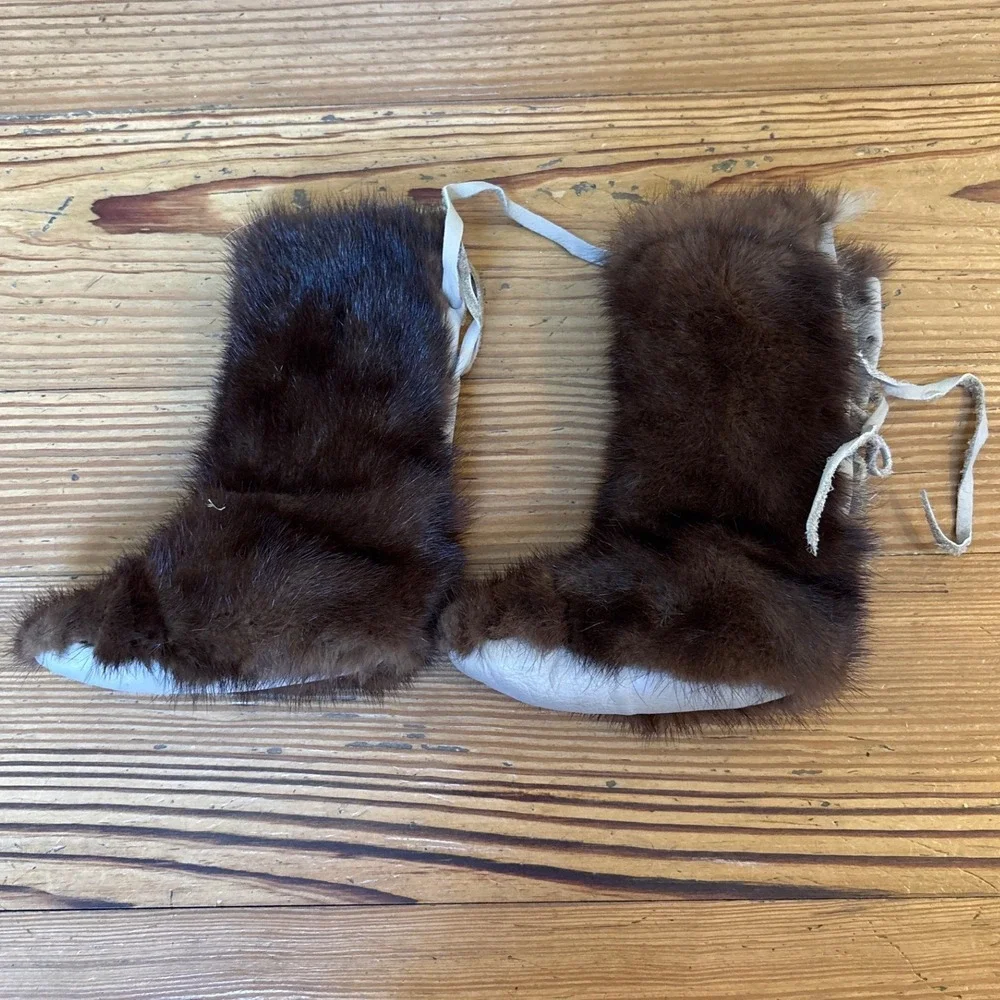 Rabbit Fur Moccasins Kids Brown Vintage Winter Boots SIZE 0-12m